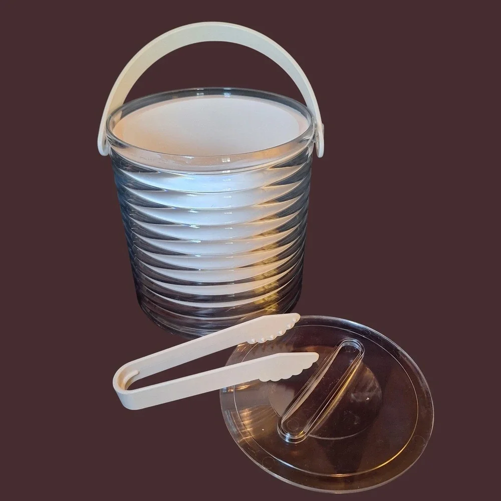 Sally Designs Ice Bucket Clear Acrylic Ribbed White Handle Lid Tongs‎ Glencoe